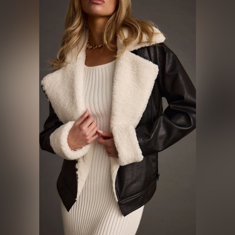12th Tribe Starla Black Vegan Leather Sherpa Jacket